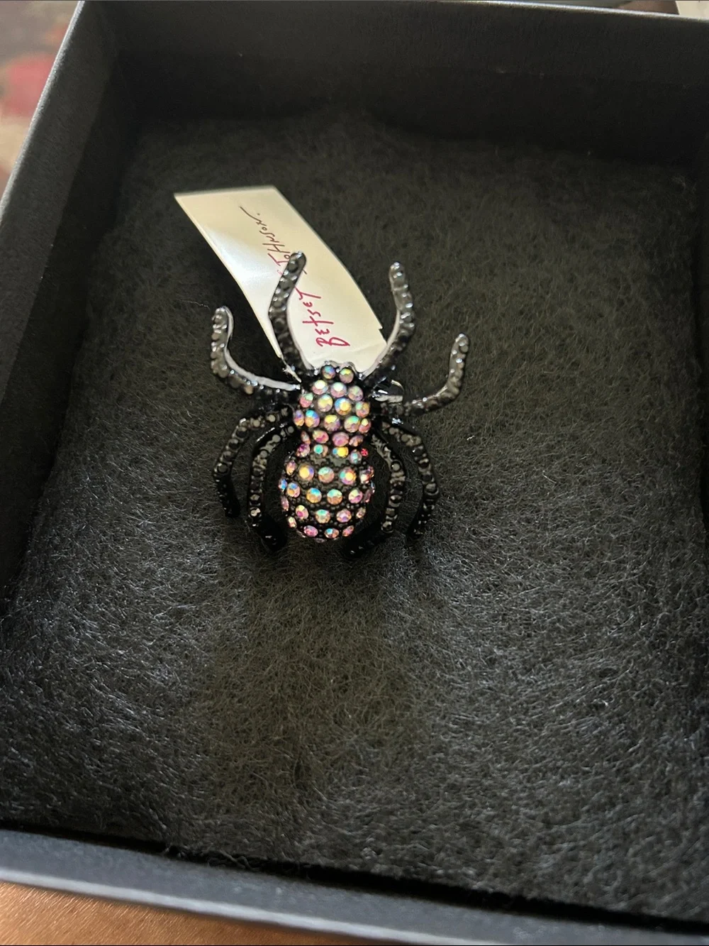 Betsey Johnson Black Spider Ring with Iridescent Crystal Accents